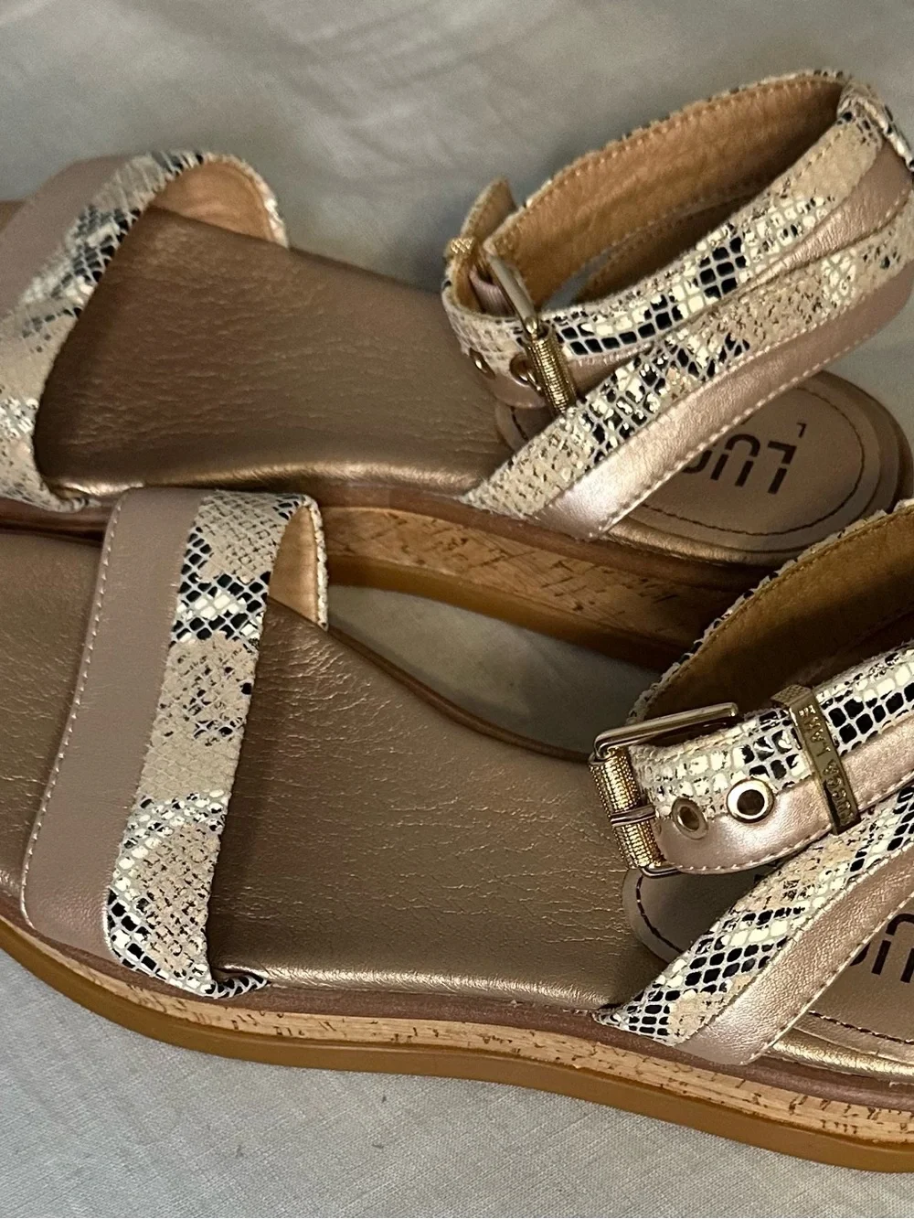 Lucca Lane Karel Cork Wedge Sandals, Metallic  Taupe & Snake Print Size 7 1/2